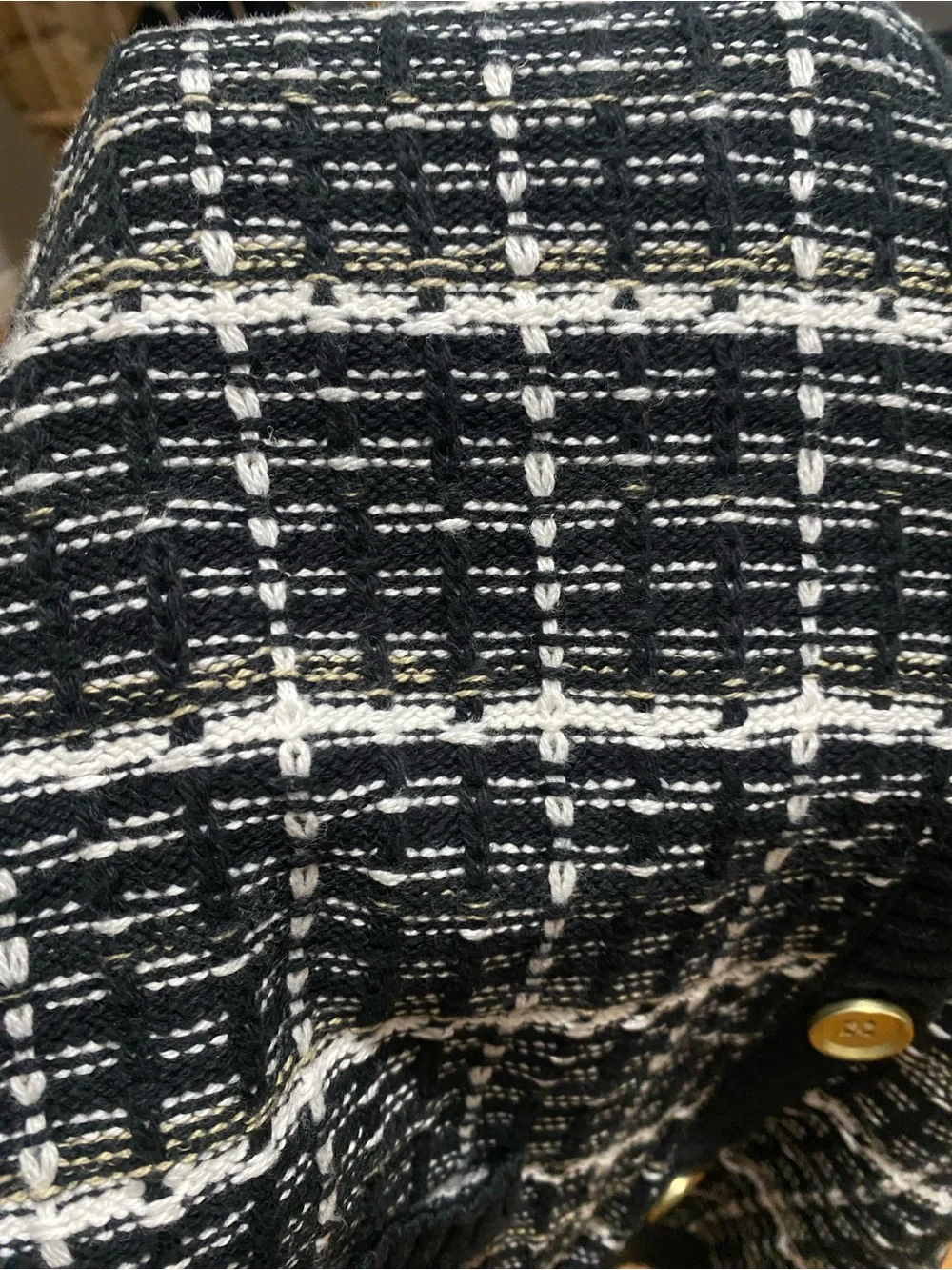 J. Crew Black and White Textured Plaid Cardigan with Gold Buttons
